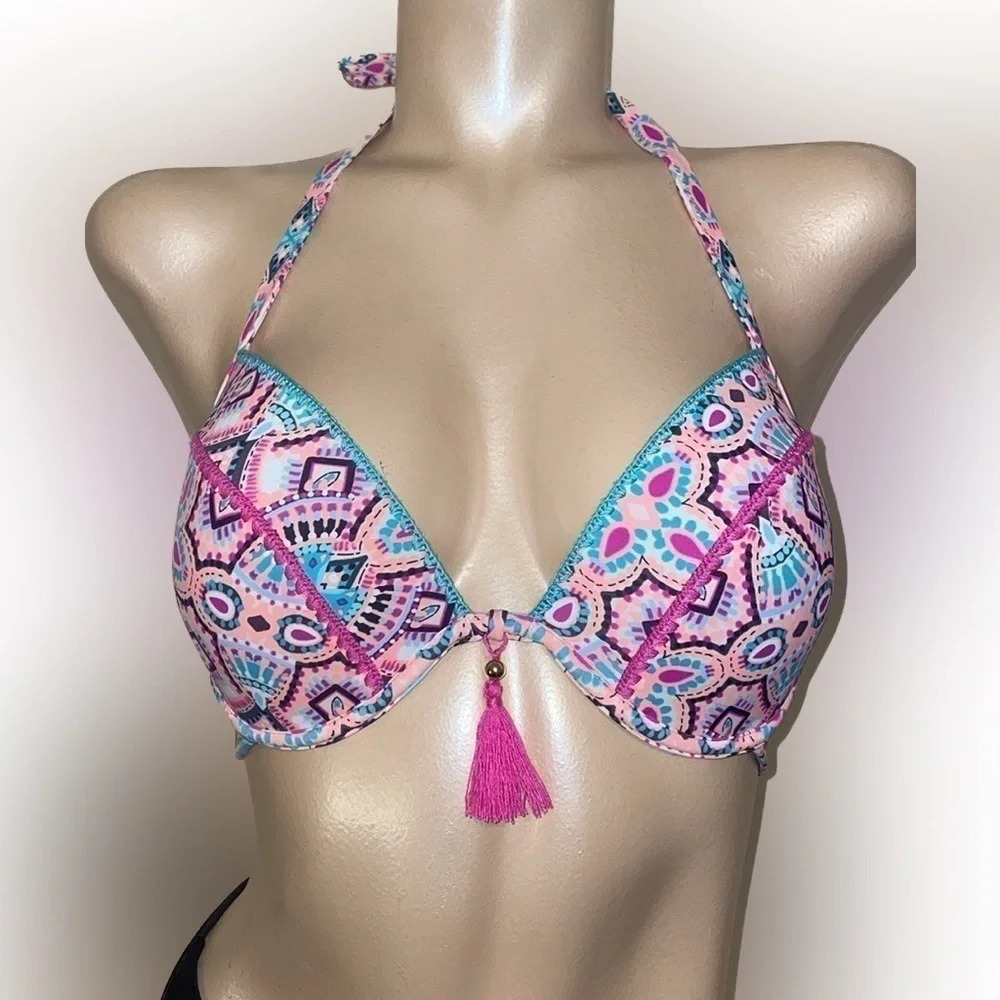 Shade & Shore womens 34D medium bikini bathing suit swim top push up pink tassel